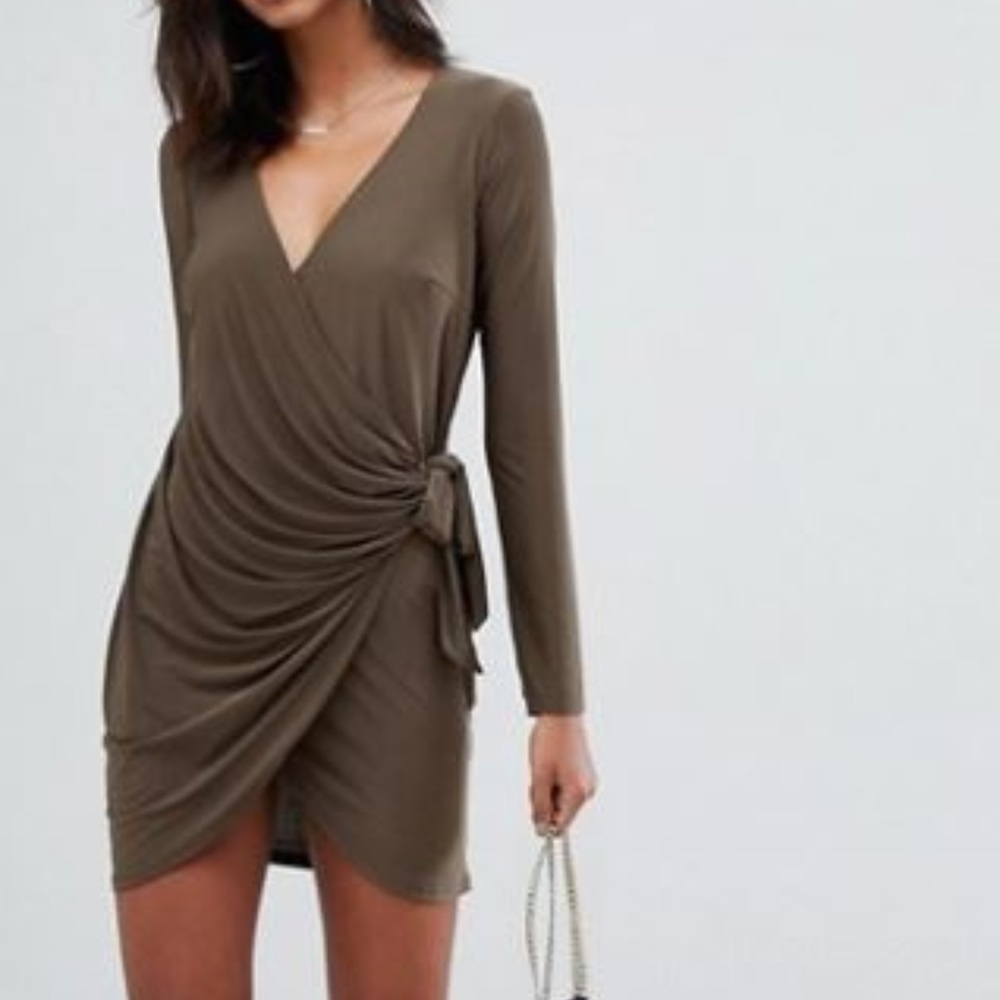 NEW ASOS Khaki Green Wrap Drape Date Sexy Dress 4